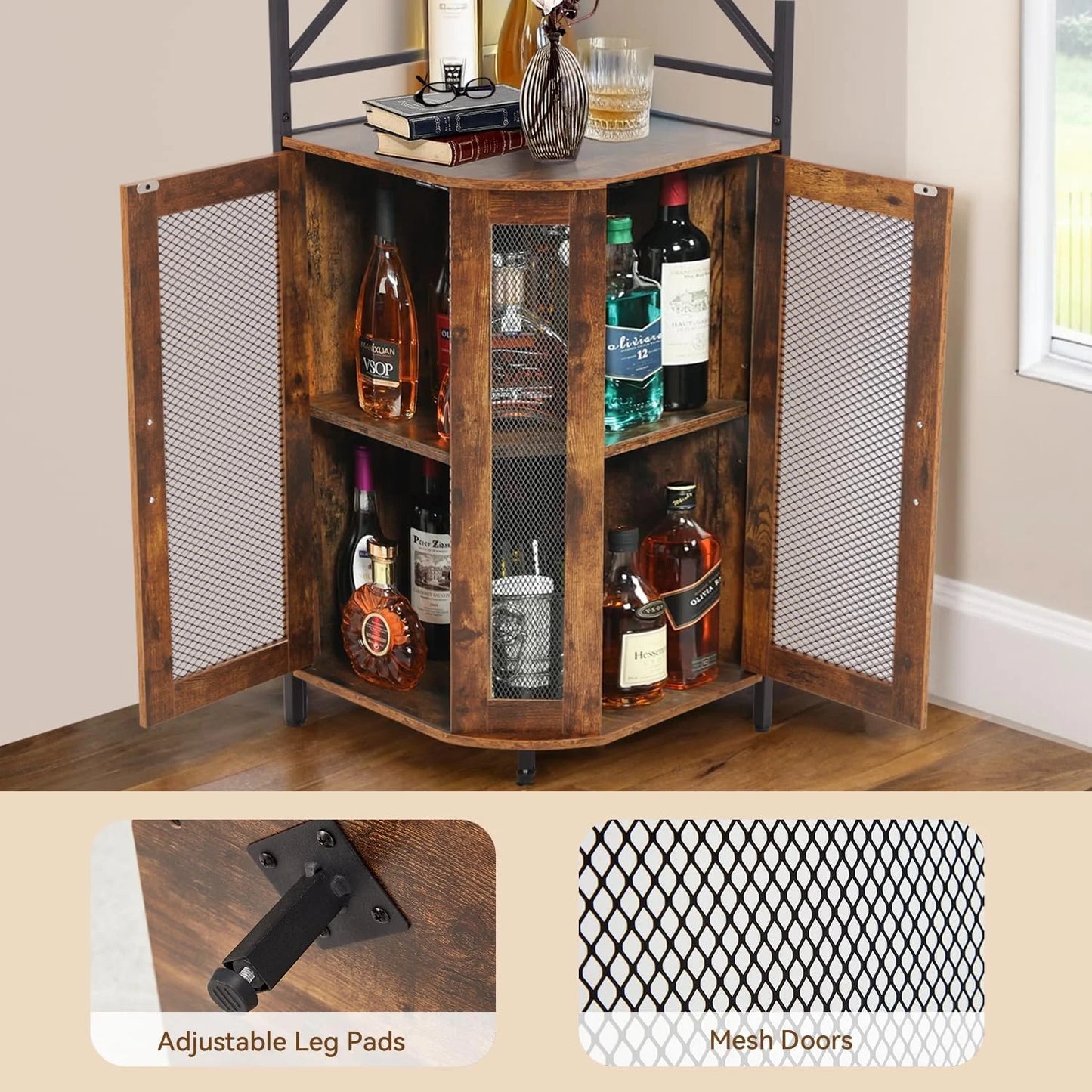 EROMMY Corner Bar Cabinet with Power Outlet, 5-Tiers Wine Bar Cabinet with LED Light and Glass Holder, Industrial Home Bar for Dining Room, Living Room, Kitchen, Modern Black