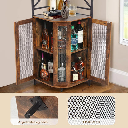 EROMMY Corner Bar Cabinet with Power Outlet, 5-Tiers Wine Bar Cabinet with LED Light and Glass Holder, Industrial Home Bar for Dining Room, Living Room, Kitchen, Modern Black