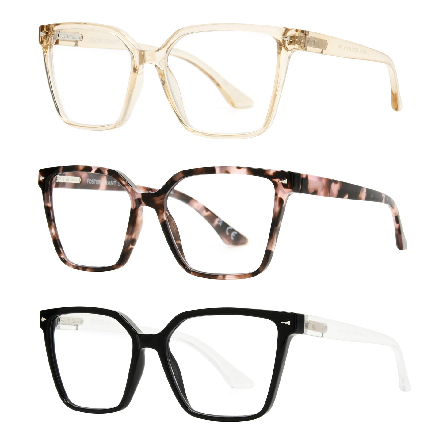 Design Optics by Foster Grant #813 Oversized Square Reading Glasses, 3-pack