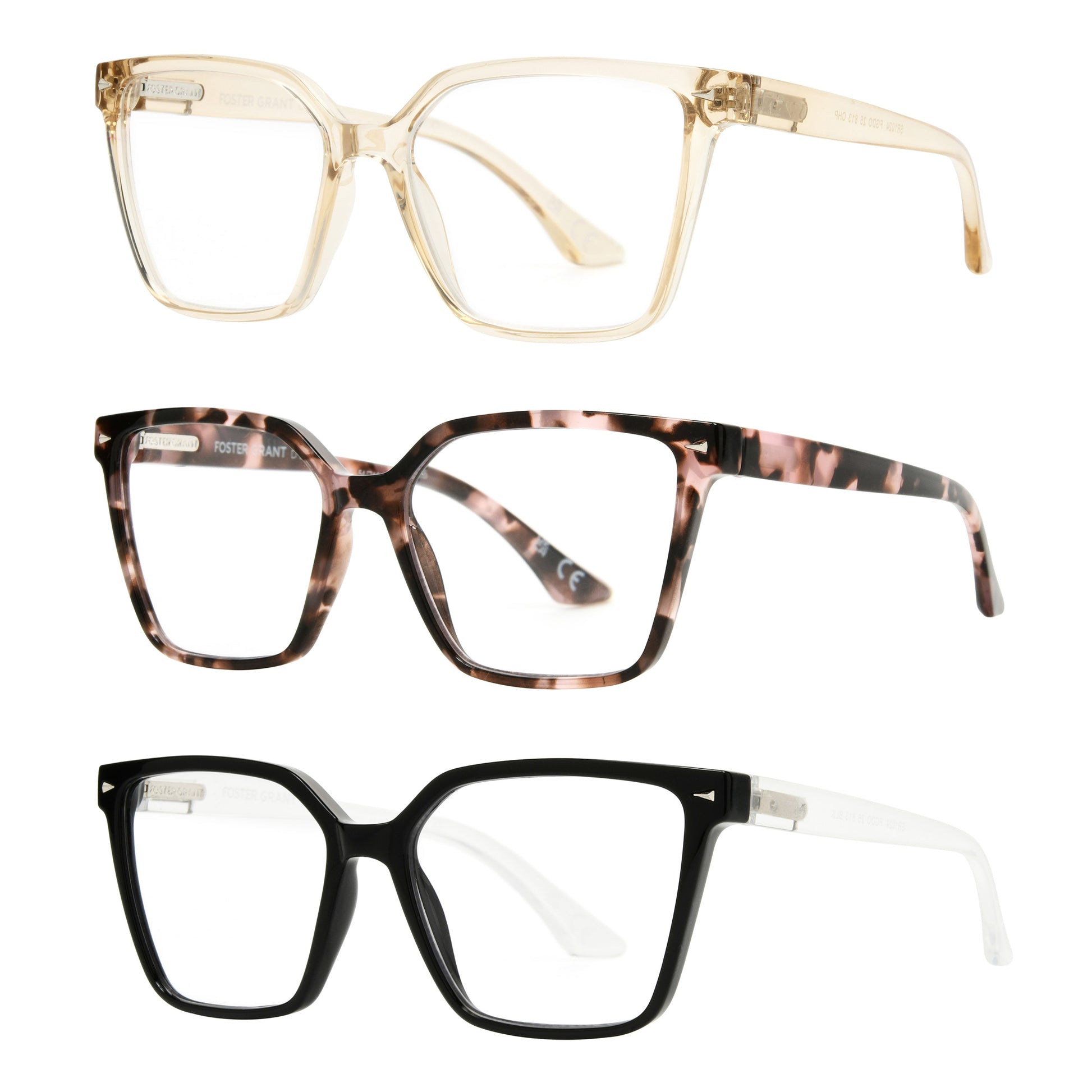Design Optics by Foster Grant #813 Oversized Square Reading Glasses, 3-pack