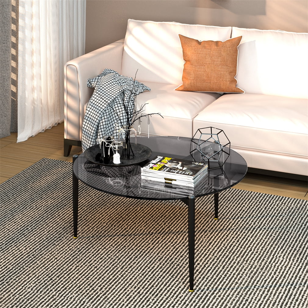 Wisfor Round Tempered Glass Table Coffee Table Steel Novelty Legs for Bedroom Living Room, Gray