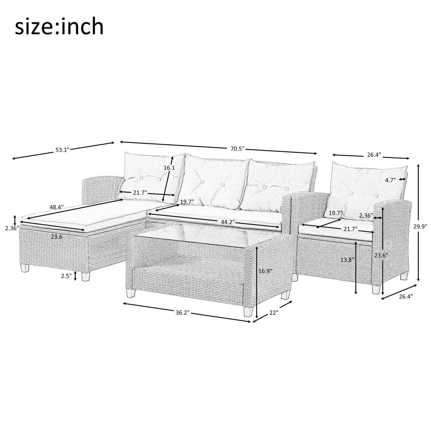 Rattan Patio Sofa Set, 4 Pieces Outdoor Sectional Furniture, All-Weather PE Rattan Wicker Patio Conversation, Cushioned Sofa Set with Glass Table for Patio Garden Poolside Deck