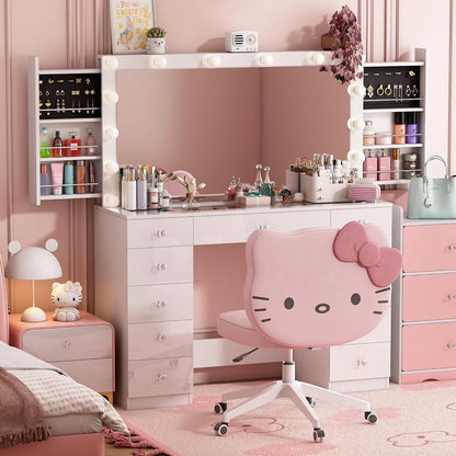 Vanity Desk with Power Outlet, Makeup Vanity with Mirror and 14 LED Light, 3 Lighting Modes,11 Drawer Vanity Table with Sliding Jewelry Storage, Glass Top, Specular Surface