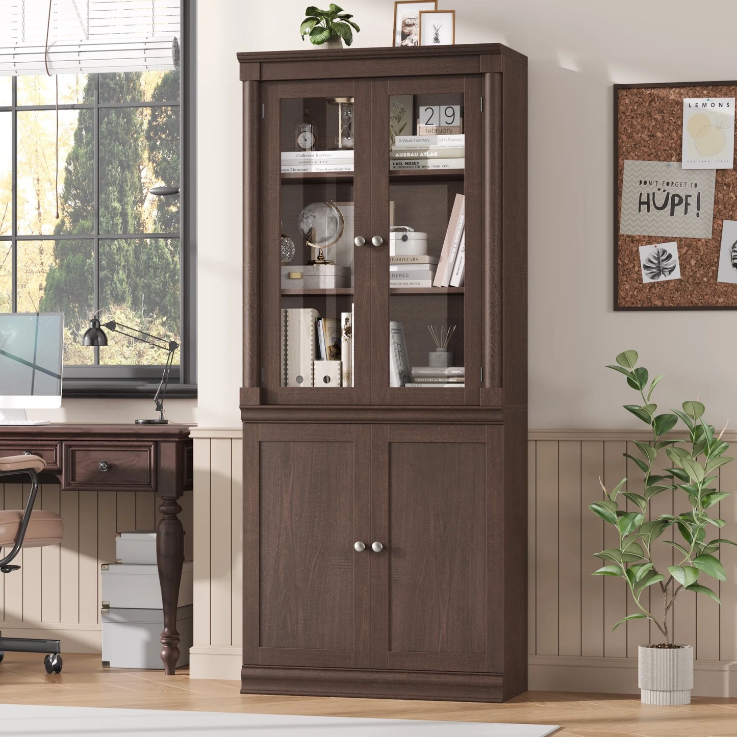 Homfa 71"H Bookcase with Glass Doors, 5 Tier Storage Bookshelf with Adjustable Shelf for Study Home Office,Reddish-Brown
