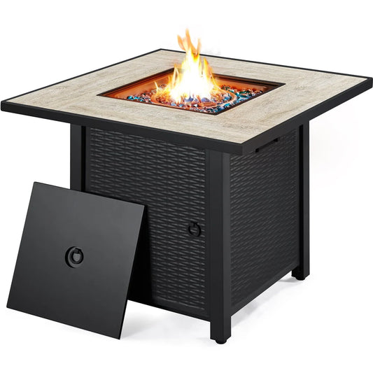 Topeakmart 30'' Outdoor Square Propane Fire Pit Table 50,000 BTU Gas w/Ceramic Rattan Pattern Steel Base Glass Black