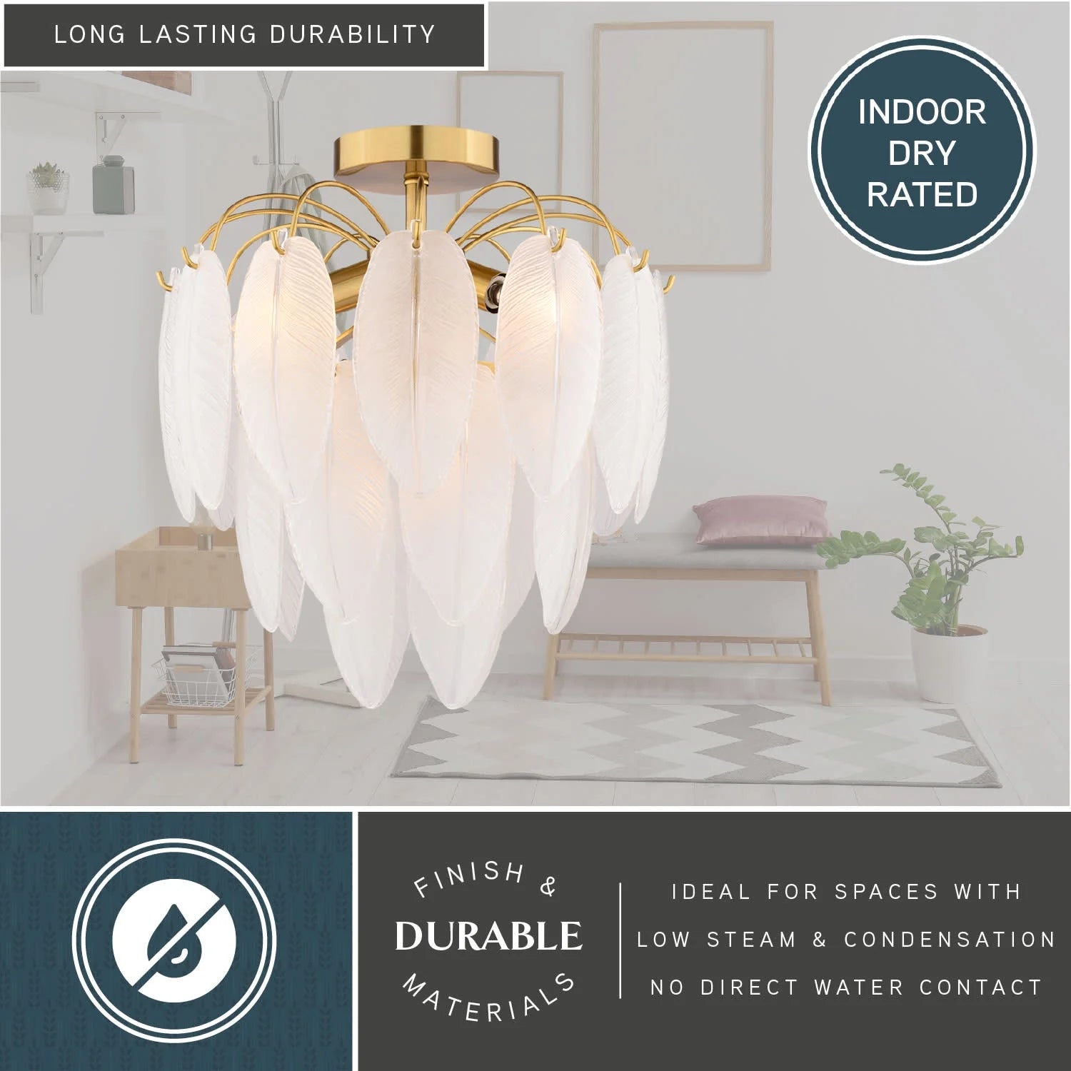 Burbank 4-Light 13.5 in. Wide Muted Gold Brass Traditional Waterfall Semi Flush Mount Lighting Fixture, White Frosted Leaf Glass Shade, Dimmable LED Compatible for Low Ceilings