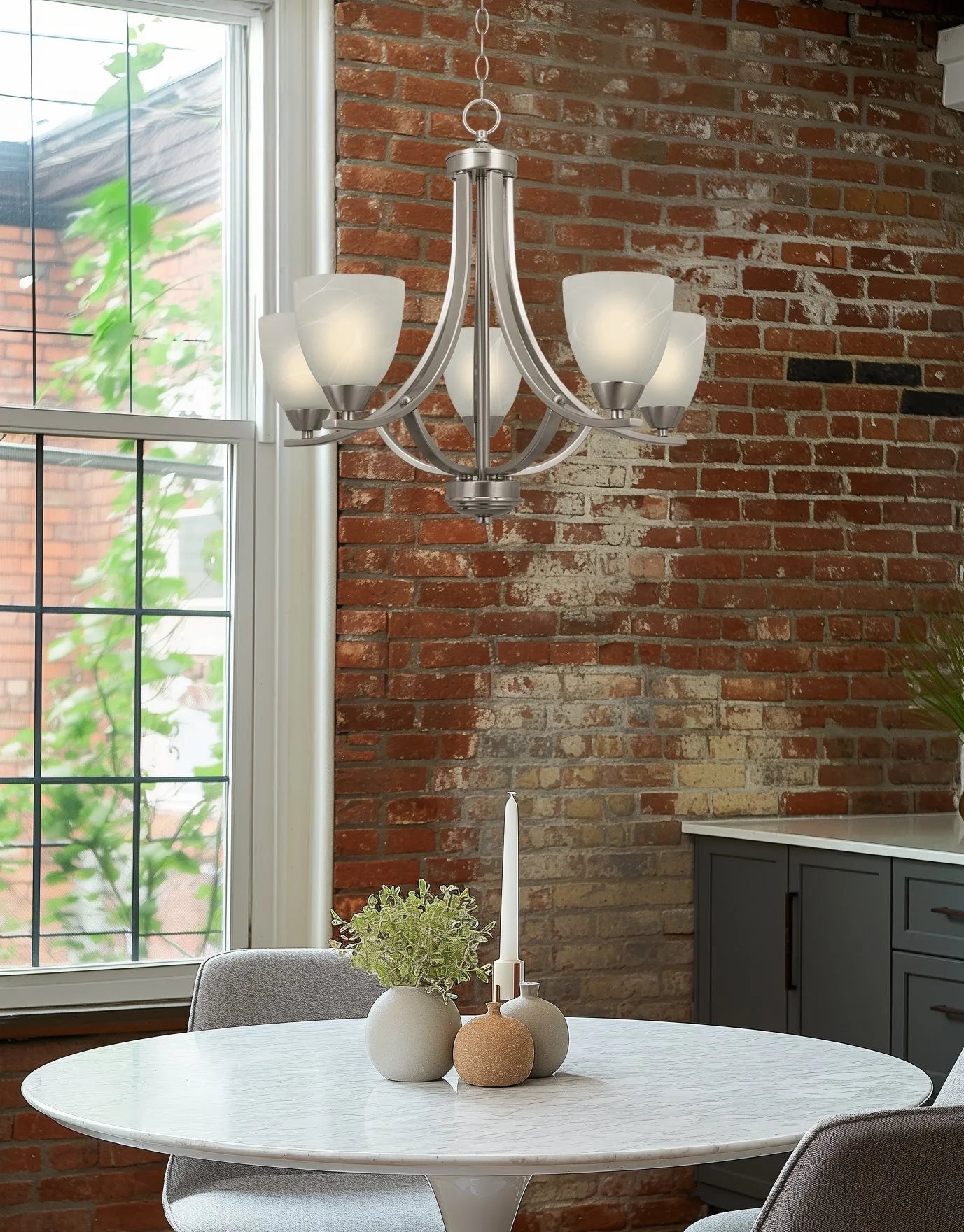 Kira Home Weston 24" 5-Light Hanging Chandelier + Alabaster Glass Shades, Adjustable Chain, Brushed Nickel
