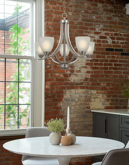 Kira Home Weston 24" 5-Light Hanging Chandelier + Alabaster Glass Shades, Adjustable Chain, Brushed Nickel