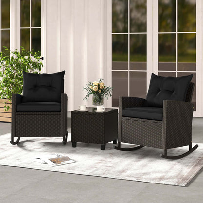 Costway 3 PCS Patio Wicker Rocking Set with Tempered Glass Table & Soft Cushions Outdoor Beige
