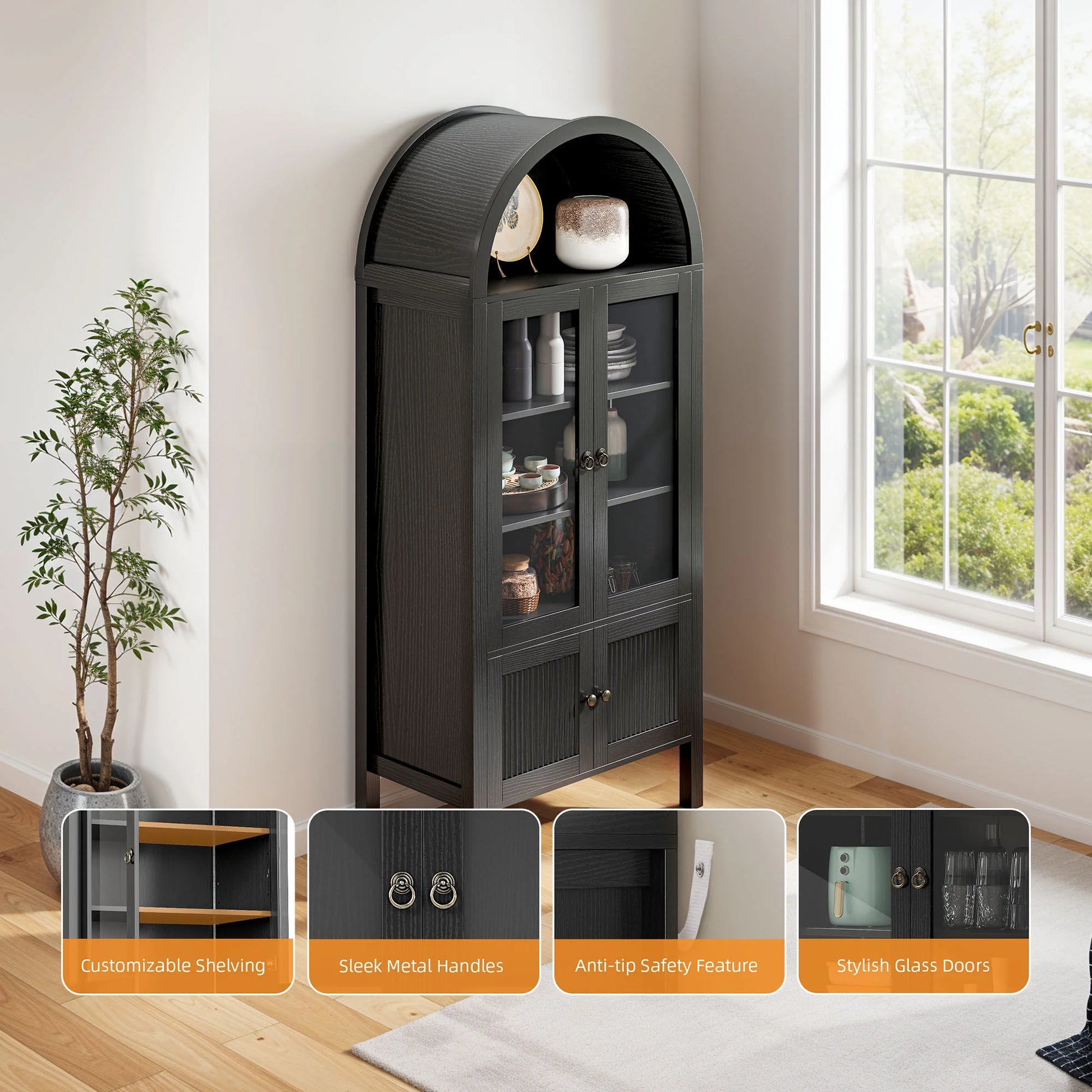 Craftian Arched Kitchen Pantry Storage Cabinet with LED Lights & Glass Doors, Display Cabinet, Natural