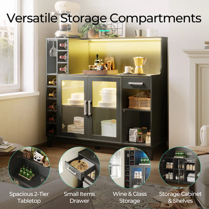 LINSY HOME Wine Bar Cabinet with LED Light, Home Coffee Cabinet with Wine and Glass Rack, Kitchen Buffet Sideboard with Storage Cabinet& Drawers, White
