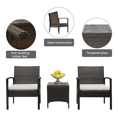 Zimtown 3 Pieces Patio Wicker Furniture, Outdoor Rattan Chat Set with Glass Table and Wicker Chairs, Brown Gradient