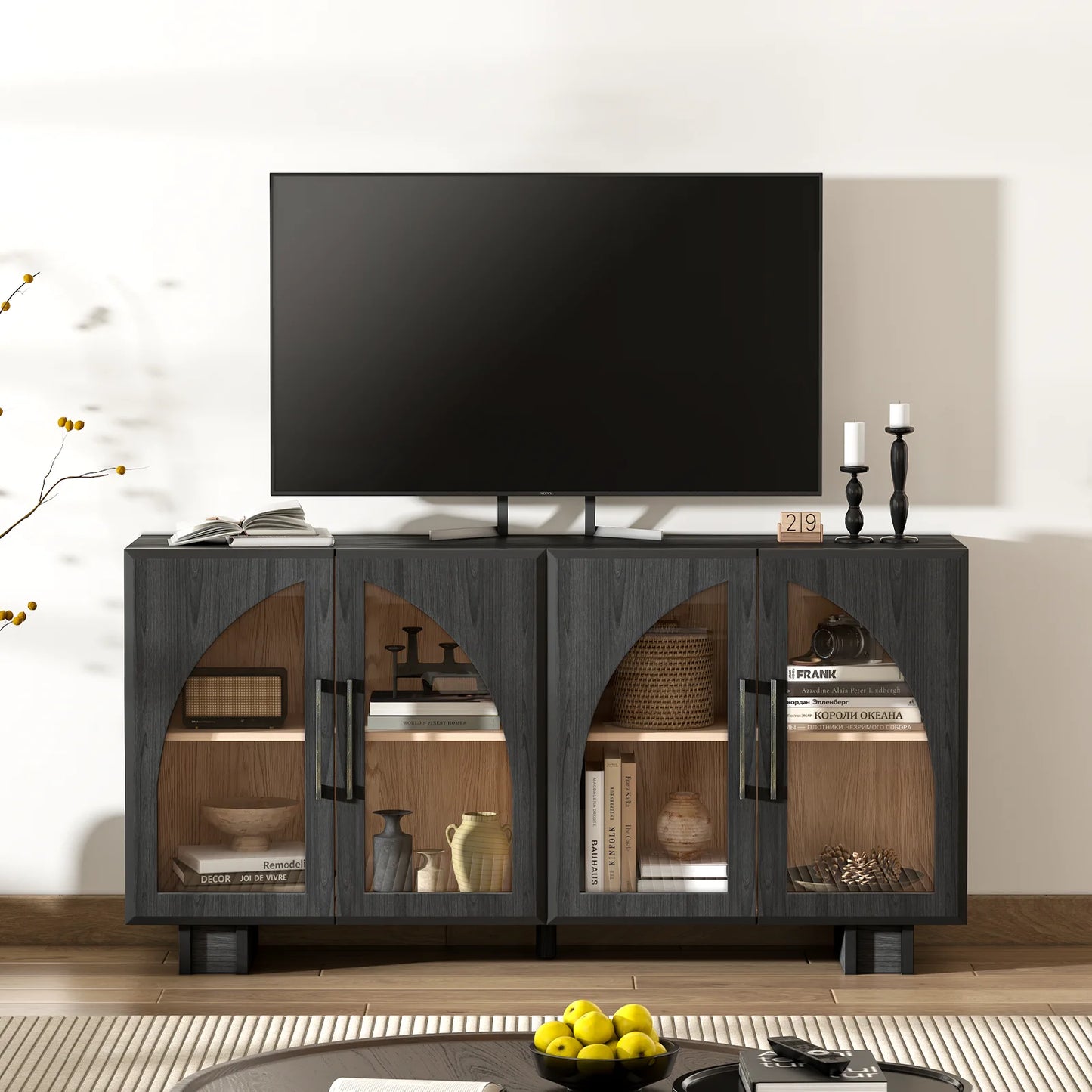 JOINICE Modern Accent Cabinet with Adjustable Shelves and Arched Glass Door,Buffet Cabinet with Storage,for Living Room,Dining Room,Entryway,Hallway,Black