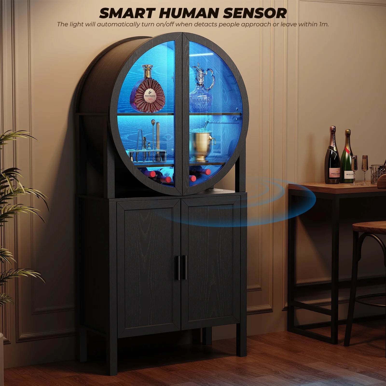 BROTTAR 65" Tall Rounded Wine Bar Cabinet with LED Lights, Storage Cabinet with Glass Doors & Shelves, Modern Liquor Coffee Bar Cabinet with Human Body Sensor for Kitchen, Living Room, Black