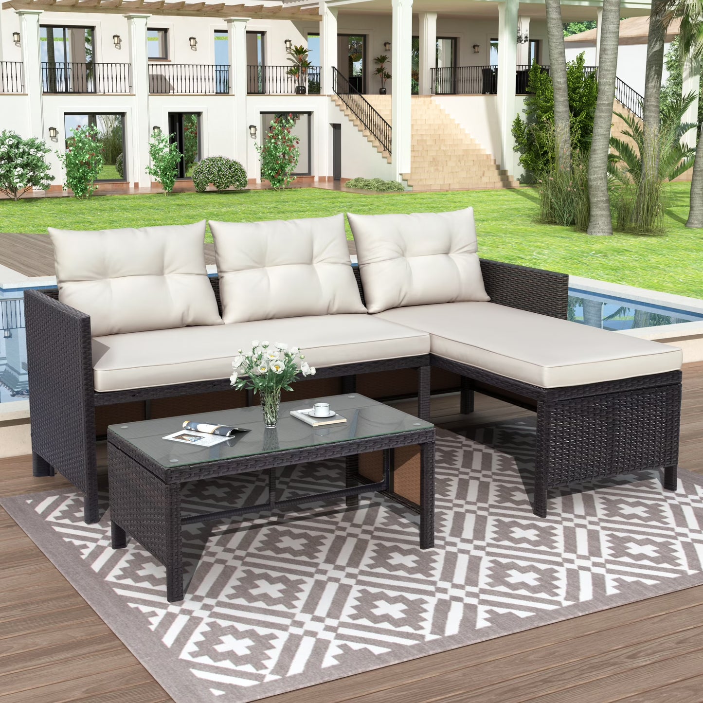 3 Pieces Patio Furniture Set, Outdoor Cushioned Sectional Sofa Set with Two-Seater Sofa, Lounge Sofa, Glass Coffee Table, PE Wicker Conversation Set for Backyard, Balcony, Poolside, Deck, D6027