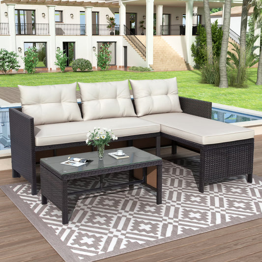 3 Pieces Patio Furniture Set, Outdoor Cushioned Sectional Sofa Set with Two-Seater Sofa, Lounge Sofa, Glass Coffee Table, PE Wicker Conversation Set for Backyard, Balcony, Poolside, Deck, D6027