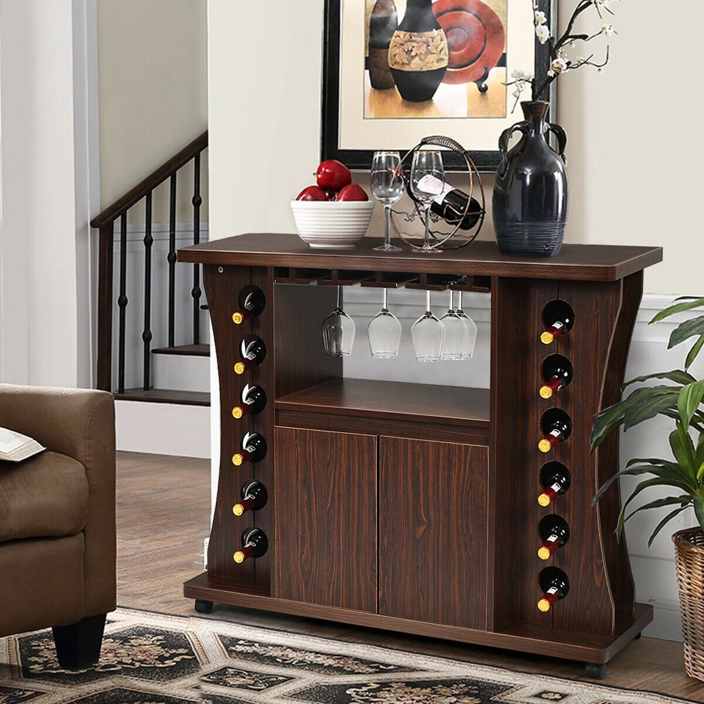 Gymax Rolling Buffet Sideboard Wooden Bar Storage Cabinet w/Wine Rack & Glass Holder