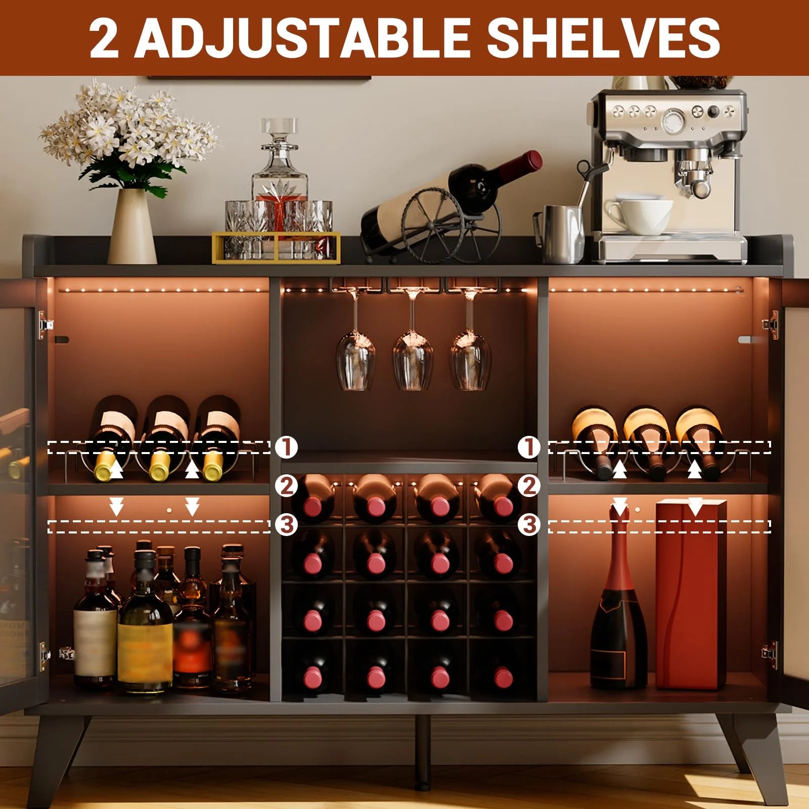 Ataucjin 47" Wine Bar Cabinet With LED Lights,Modern Liquor Cabinet With Wine Racks And Glass Holders,Home Coffee Bar Cabinet,Freestanding Kitchen Buffet Sideboard Storage Shelf For Living Dining Room
