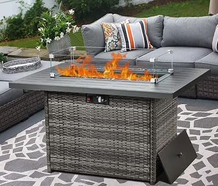 LayinSun 44" Propane Gas Fire Pit Table, 55000 BTU Rectangular Fire Pit with Glass Wind Guard for Outside Patio Deck Garden Backyard
