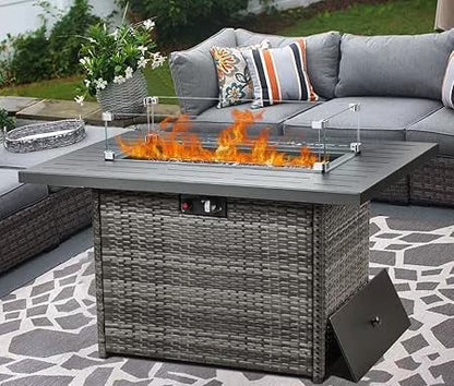 LayinSun 44" Propane Gas Fire Pit Table, 55000 BTU Rectangular Fire Pit with Glass Wind Guard for Outside Patio Deck Garden Backyard