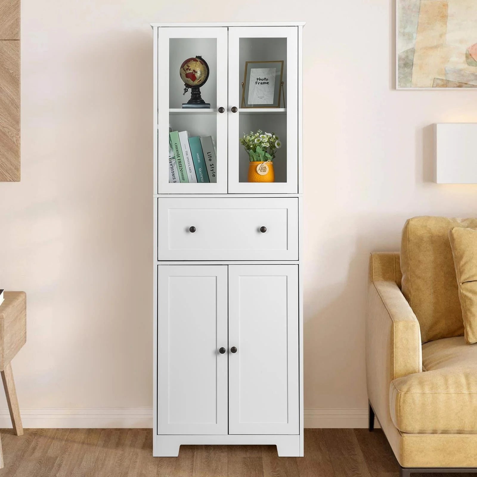Ktaxon 64" Tall Bathroom Storage Cabinet Organizer, Freestanding Kitchen Pantry Cabinet Line Tower with 2 Glass Doors, Large Drawer & 4 Adjustable Shelves for Dining Room Living Room Home Office,White