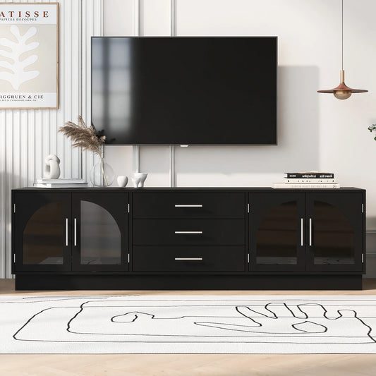 Euroco Modern TV Stand with Arched Glass Doors, Drawers & Adjustable Shelves for TVs up to 75 Inches