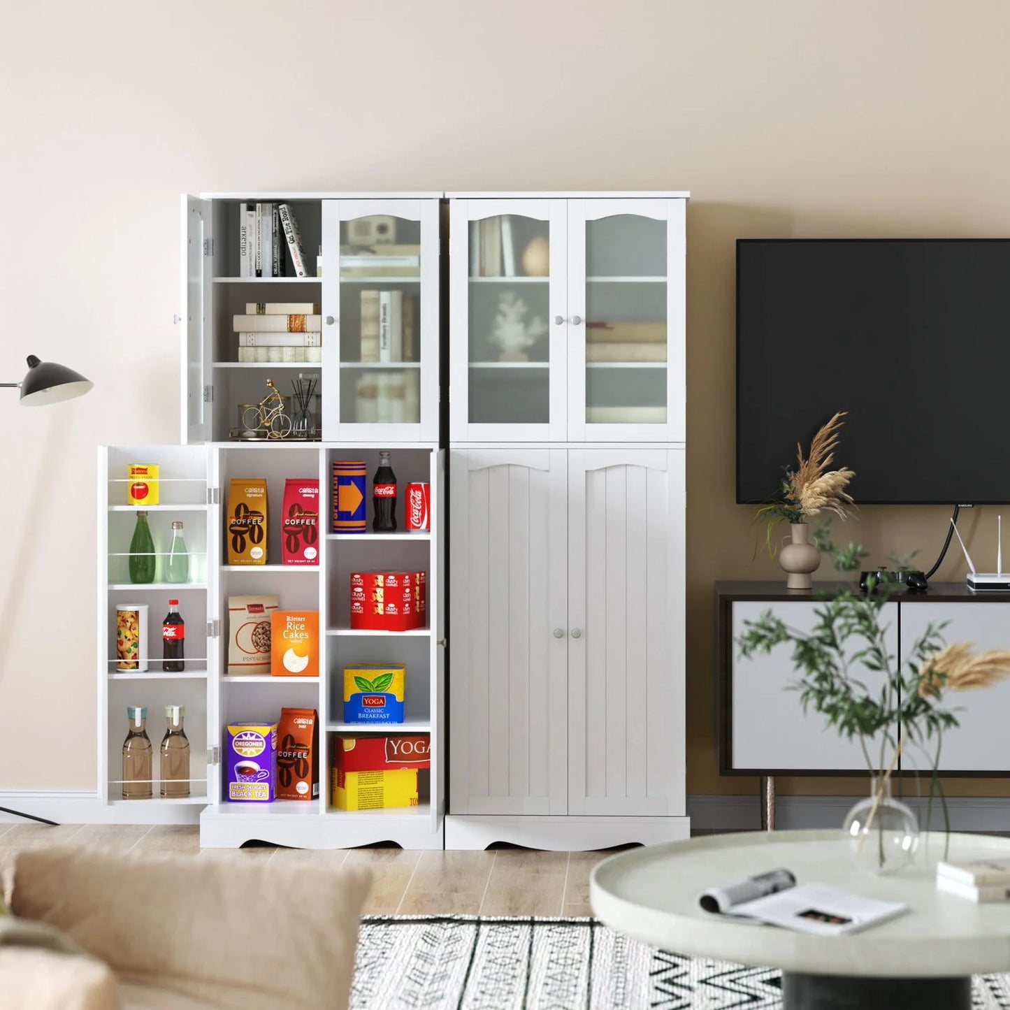 Homfa Kitchen Food Pantry Cabinet, 63.5'' Tall Storage Cabinet with Frosted Glass Doors and Adjustable Shelves, White