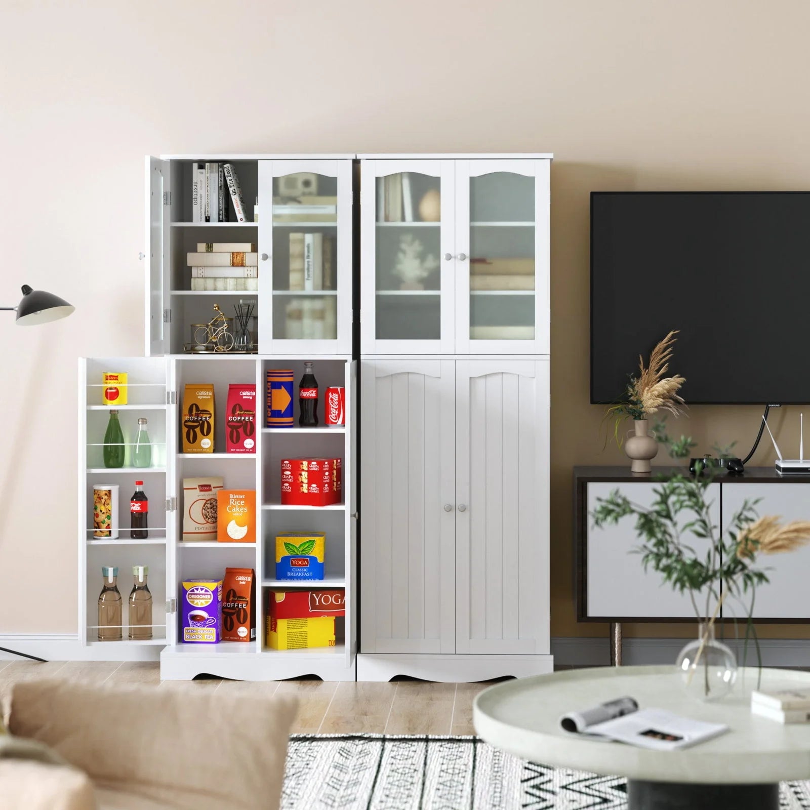 Homfa Kitchen Food Pantry Cabinet, 63.5'' Tall Storage Cabinet with Frosted Glass Doors and Adjustable Shelves, White