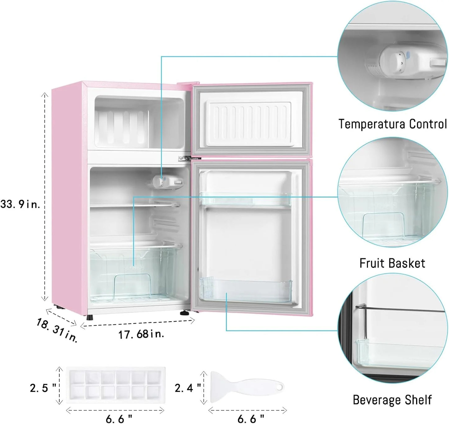 Kcpolre Pink Mini Fridge with Freezer 3.2 Cu.ft Refrigerators, Adjustable Glass Shelves, Quiet Dual Door Dorm Fridge for Bedroom, College, Office