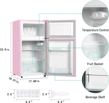 Kcpolre Pink Mini Fridge with Freezer 3.2 Cu.ft Refrigerators, Adjustable Glass Shelves, Quiet Dual Door Dorm Fridge for Bedroom, College, Office