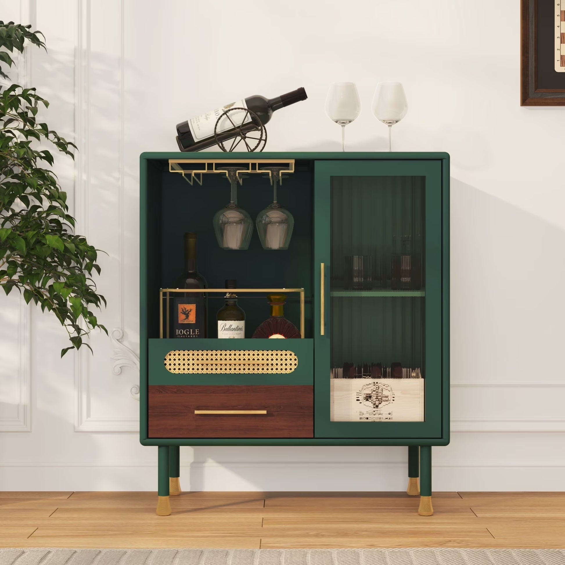 CBJCBJ Wine Bar Cabinet, Modern Coffee Cabinet with 3 Rows of Glass Racks, Sideboard Cabinet, Black