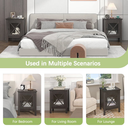 Jaxpety Set of 2 Nightstands Bedside Table W/x-Design Glass Door for Bedroom Living Room, Dark Gray