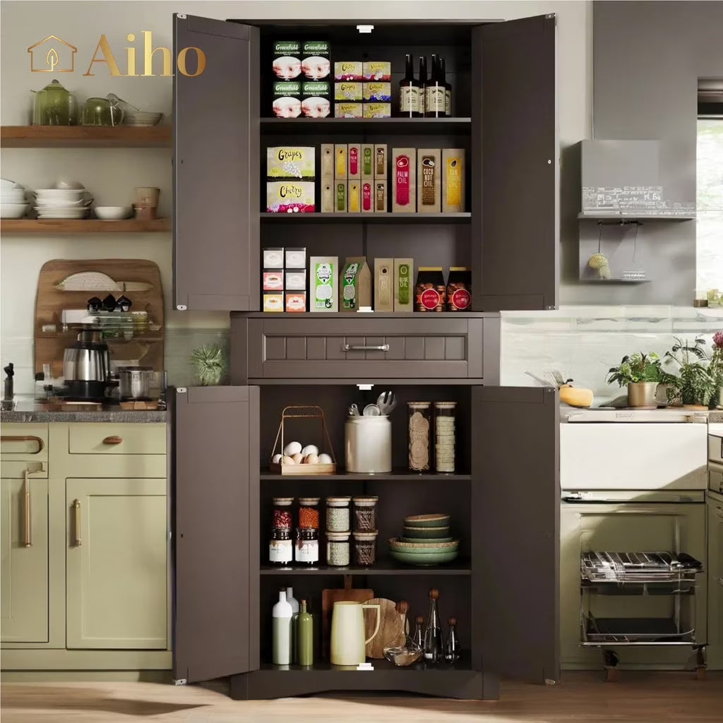 Aiho 67" Kitchen Pantry Storage Cabinet, Pantry Storage Cabinet with 2 Drawers and Glass Doors for Kitchen, Dining Room - White
