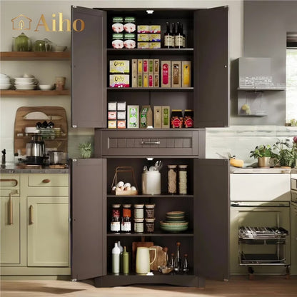 Aiho 67" Kitchen Pantry Storage Cabinet, Pantry Storage Cabinet with 2 Drawers and Glass Doors for Kitchen, Dining Room - White