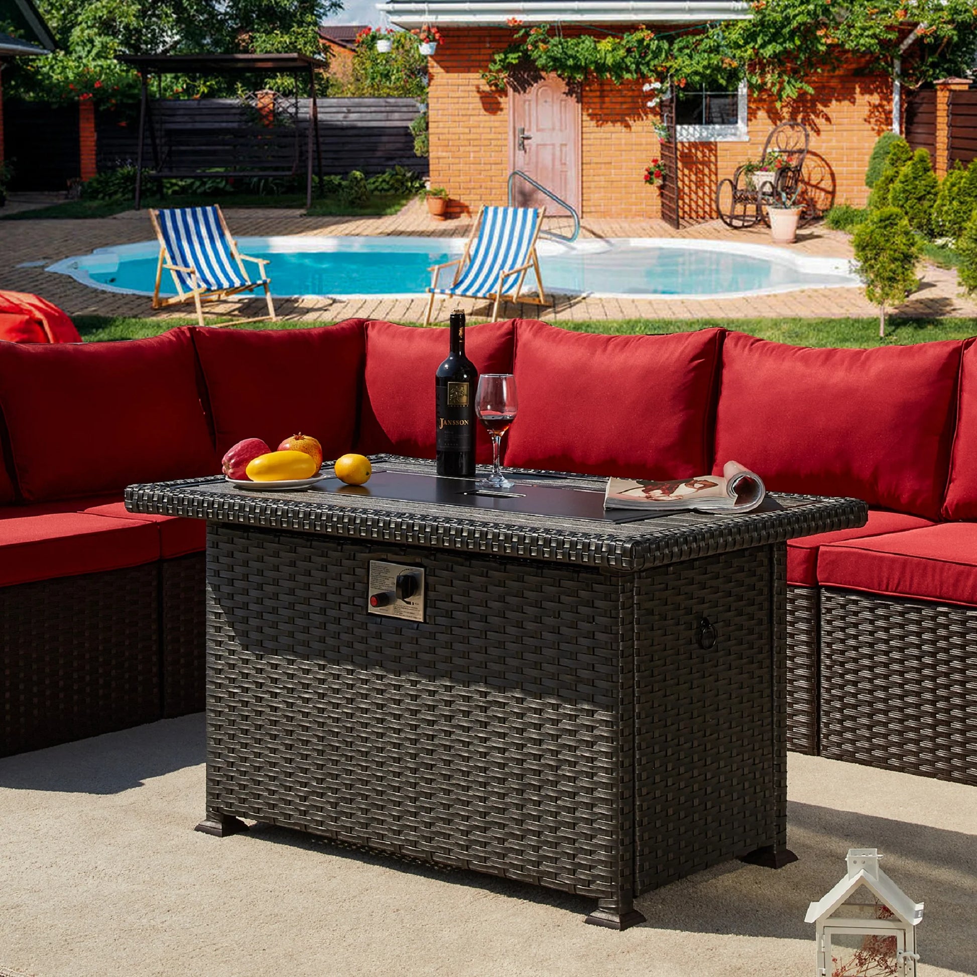 HOMREST Propane Fire Pit Table, 44 Inch 50,000 BTU Auto-Ignition Gas Fire Pit Table Rectangular/w Glass Wind Guard, Wood Plastic Composites Tabletop, CSA Certification Firepit for Outdoor Patio Lawn