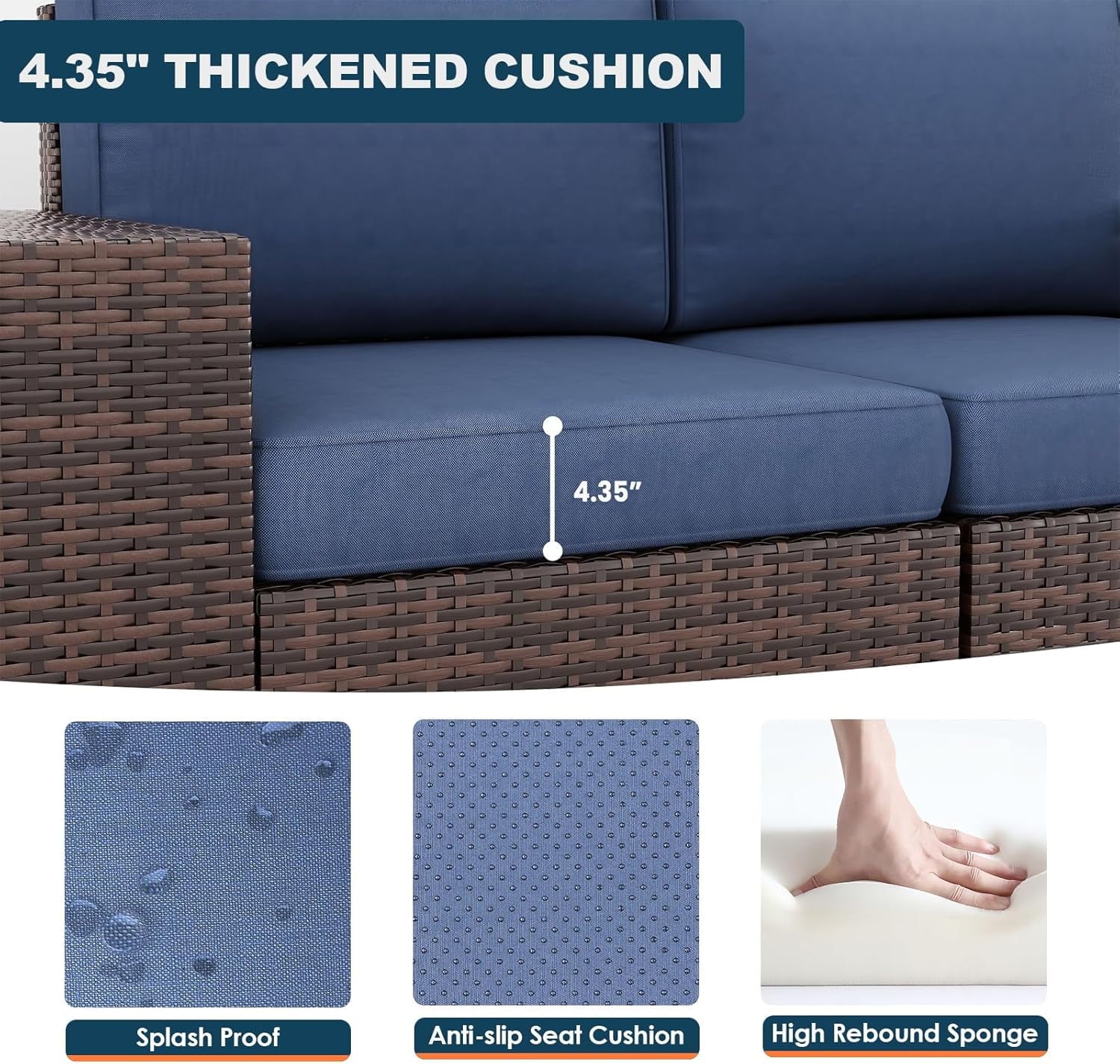 ELPOSUN Outdoor Sectional Furniture Set 6-Piece Brown Rattan Wicker Conversation Sofa Set with Glass Top Table and Waterproof Covers,Blue Cushions