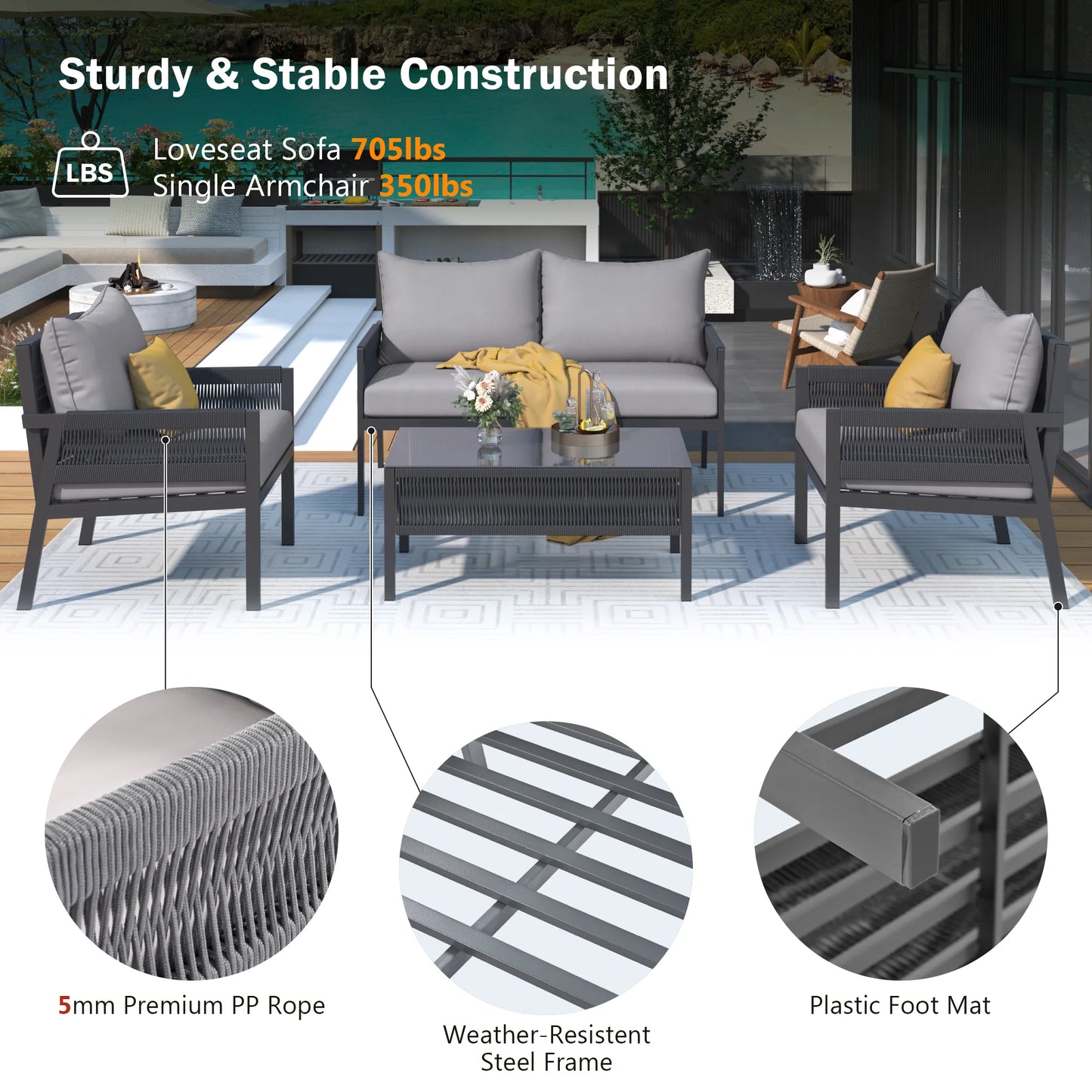 Segmart Wicker Patio Furniture Sets, 4-Piece Rope Patio Furniture Set with Tempered Glass Table, Outdoor Deep Seating Conversation Set with Thick Cushions for Backyard, Porch, Balcony