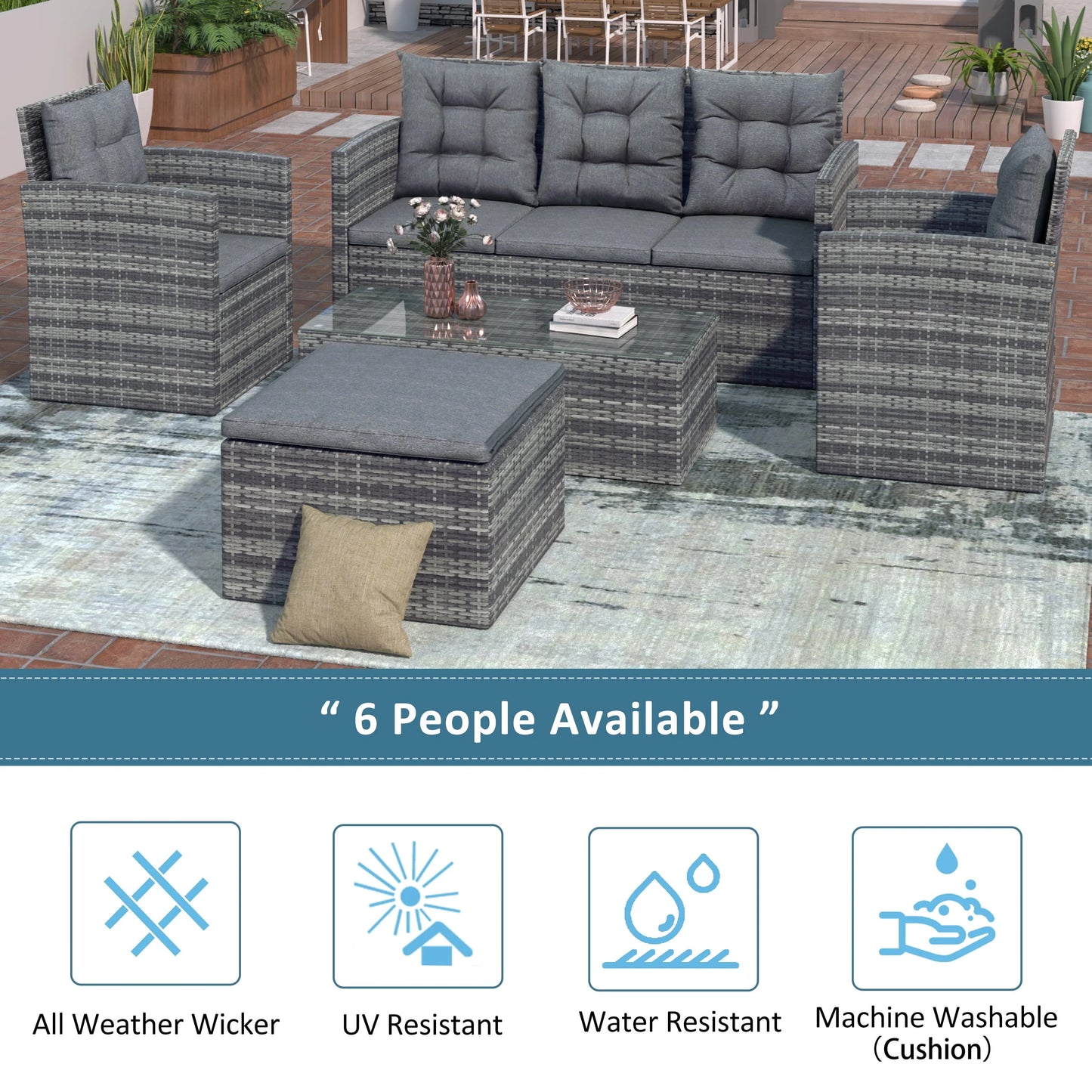 Highsound Patio Furniture Set Sofa 5-Piece Wicker PE Rattan Sectional Sofa Set, Outdoor Furniture Patio Conversation Sofa Set with Glass Coffee Table and Ottoman, Gray