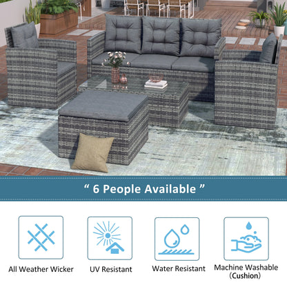 Highsound Patio Furniture Set Sofa 5-Piece Wicker PE Rattan Sectional Sofa Set, Outdoor Furniture Patio Conversation Sofa Set with Glass Coffee Table and Ottoman, Gray