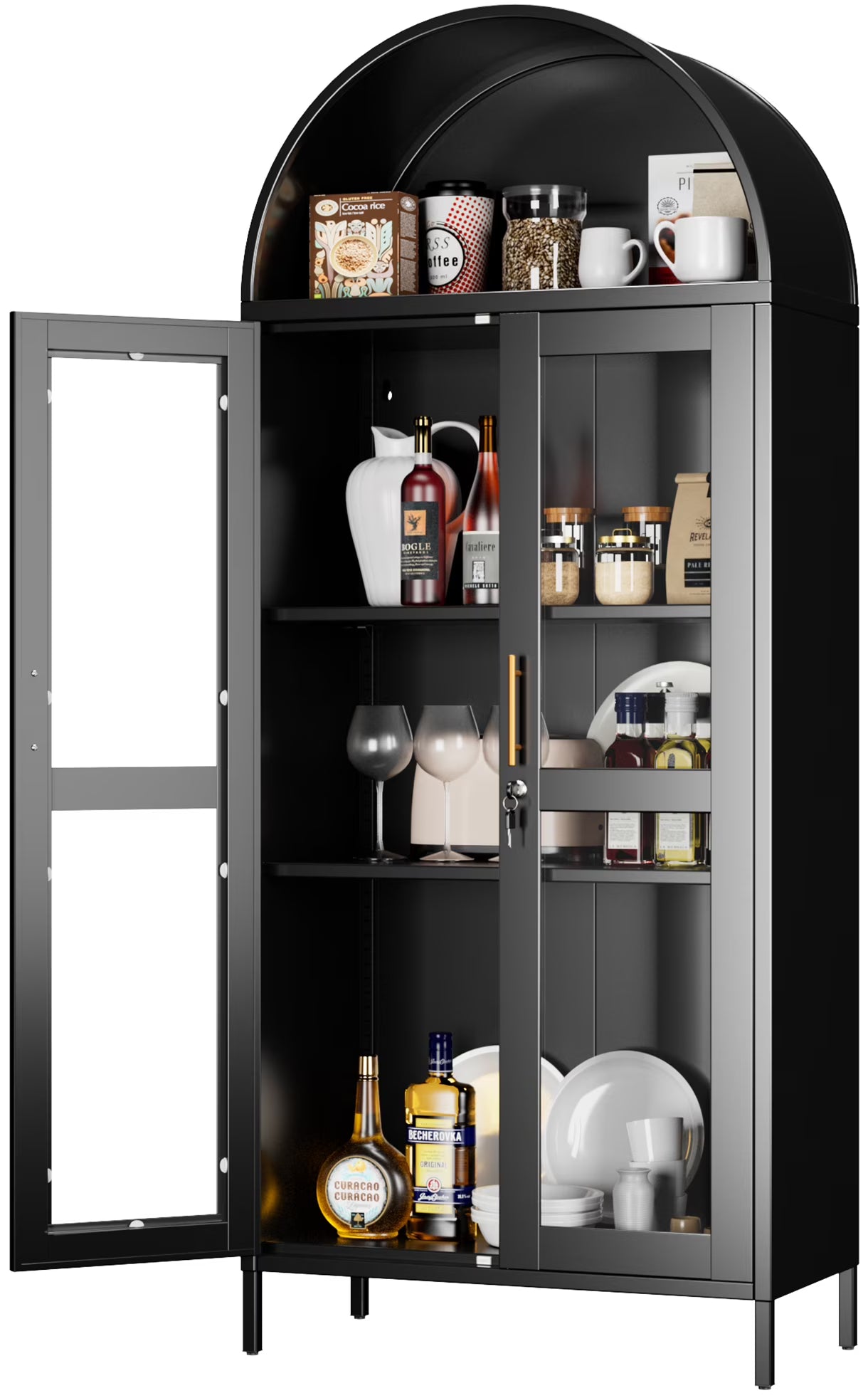 SUPEER Metal Arched Storage Display Cabinet with Glass Doors and Adjustable Shelves, Lockable Cabinet, Assembly Required, Black