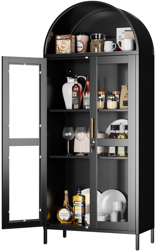 SUPEER Metal Arched Storage Display Cabinet with Glass Doors and Adjustable Shelves, Lockable Cabinet, Assembly Required, Black