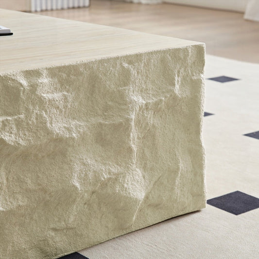 Fiberglass Square Coffee Table for Living Room, Imitation Stone Tabletop, No Assembly