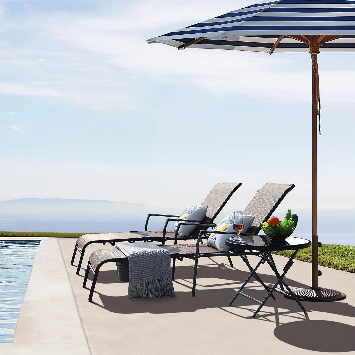 Devoko 3 Pcs Outdoor Chaise Lounge Steel Chair Sets Adjustable Backrest with Tempered Glass, Beige
