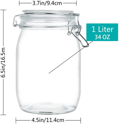 4 Pack Wide Mouth Mason Jars - 34 OZ Airtight Glass Canning Jars with Leak Proof Rubber Gasket and Clip Top Lids, Perfect for Storing Coffee, Sugar, Flour or Sweets