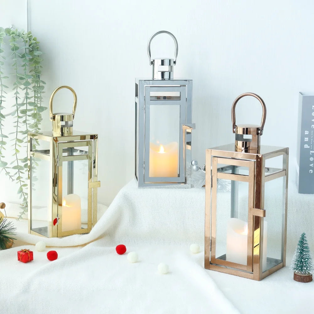 Stainless Steel Lantern Set of 3 12/15/19" Metal Lanterns with Tempered Glass for Parties & Events (Silver )