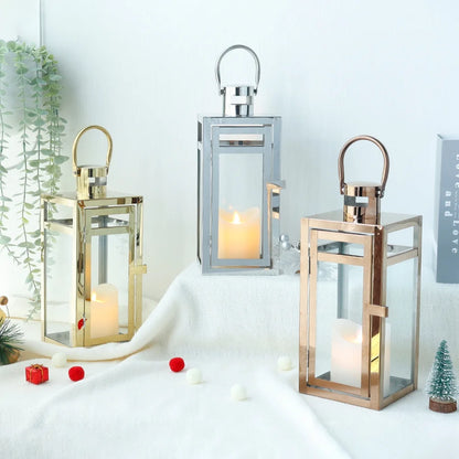 Stainless Steel Lantern Set of 3 12/15/19" Metal Lanterns with Tempered Glass for Parties & Events (Silver )
