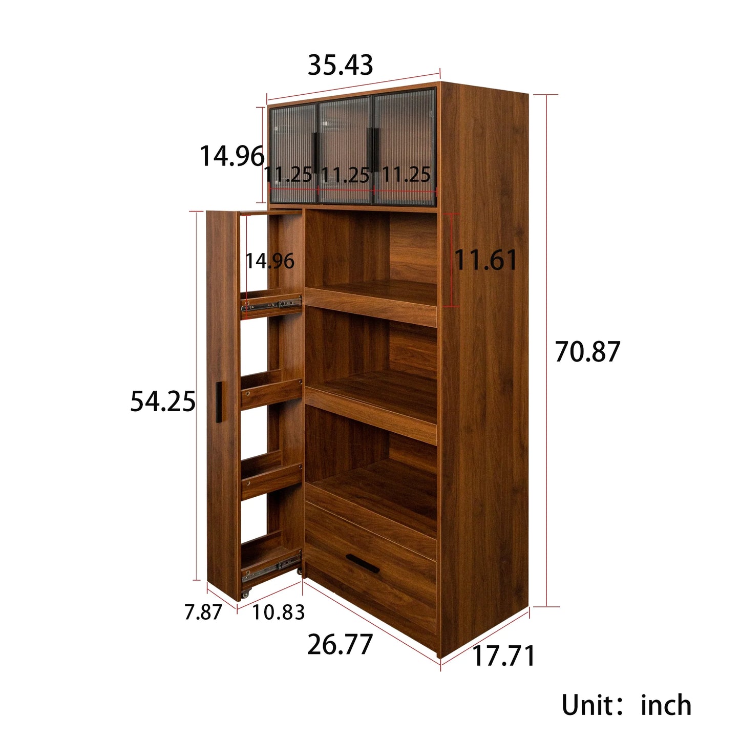 Kitchen Pantry Cabinet w/4-Tier Storage Cart, 2 Drawers & 2 Glass Doors, Tall Storage Cabinet w/Shelves