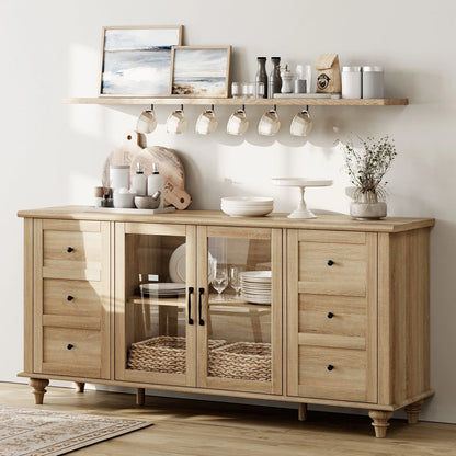 WAMPAT Sideboard Buffet Cabinets with Glass Door, Kitchen Storage Cabinets, Wood Coffee Bar Tables, Accent Sideboard Storage Cabinet Table Dining Room, Living Room,Oak