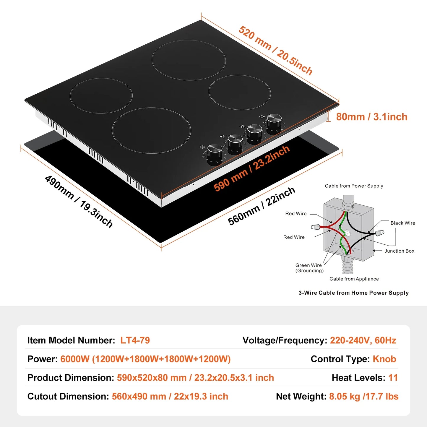 KFFKFF 24" Electric Cooktop, Electric Range, 4 Burner Built-in Ceramic Cooktop with 11 Power Levels, Knob Control, 6000W Ceramic Surface, Glass Panel, Dial Controls, 220-240V, Direct Wiring Required