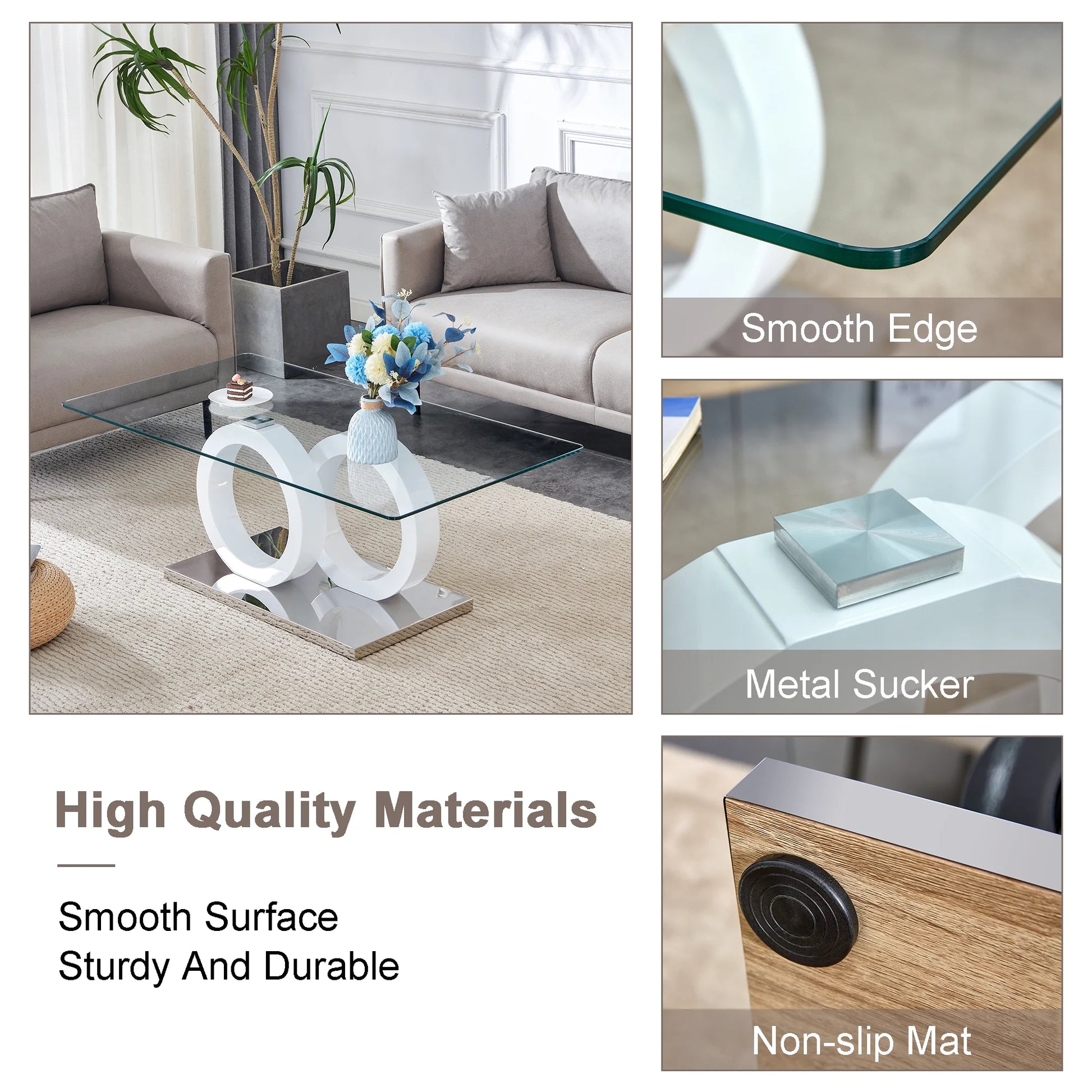 Sudica Rectangle Glass Coffee Table, Modern 47"x25" Tempered Glass Top Tea Table for Living Room, White Base